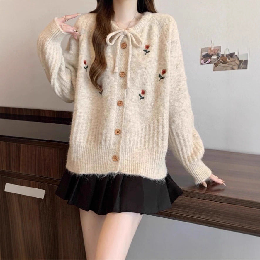 Design Embroidered Round Neck Belted Knitted Cardigan Women Loose Slimming Age-Reducing Sweater Jacket