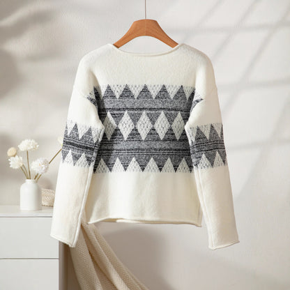 Casual One-Shoulder Pullover Sweater with Color Block Diamond Pattern Knitted Top
